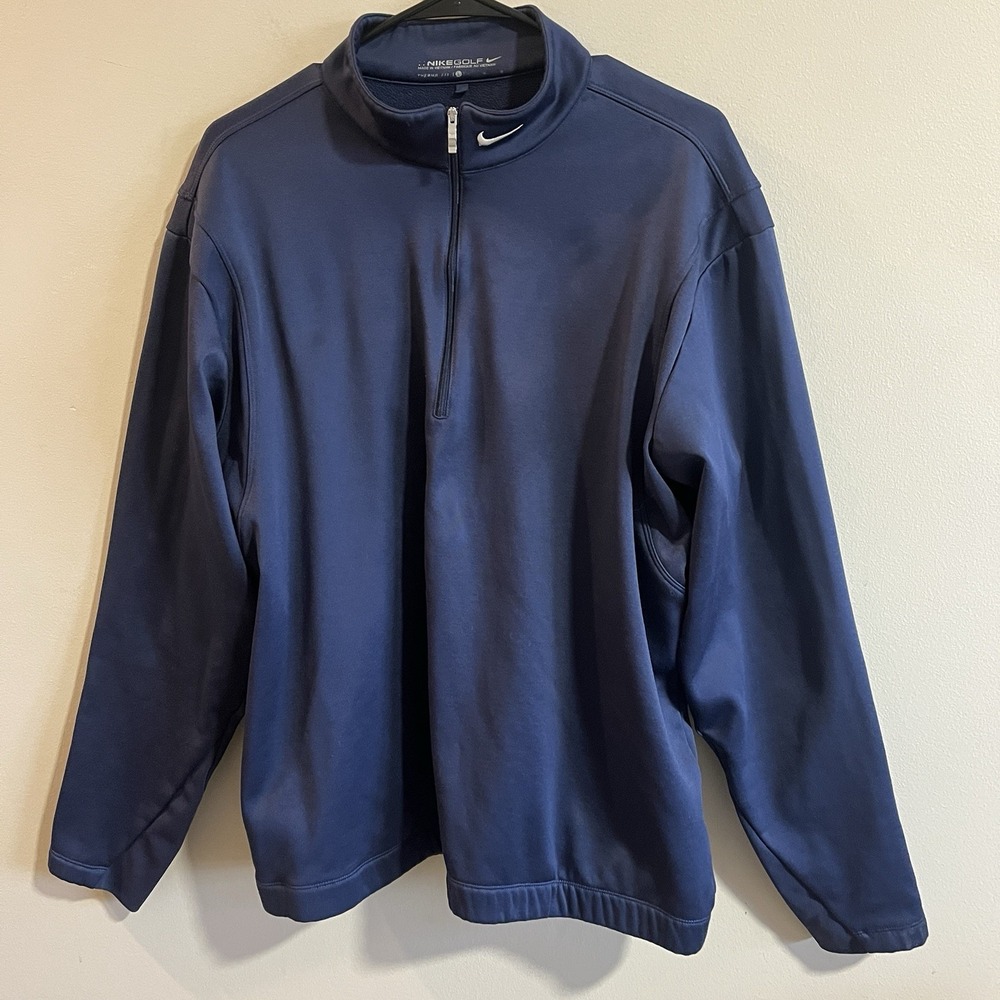 NIKE FIT THERMA GOLF Sweatshirt Pullover L Navy SWOOSH Mock Turtleneck